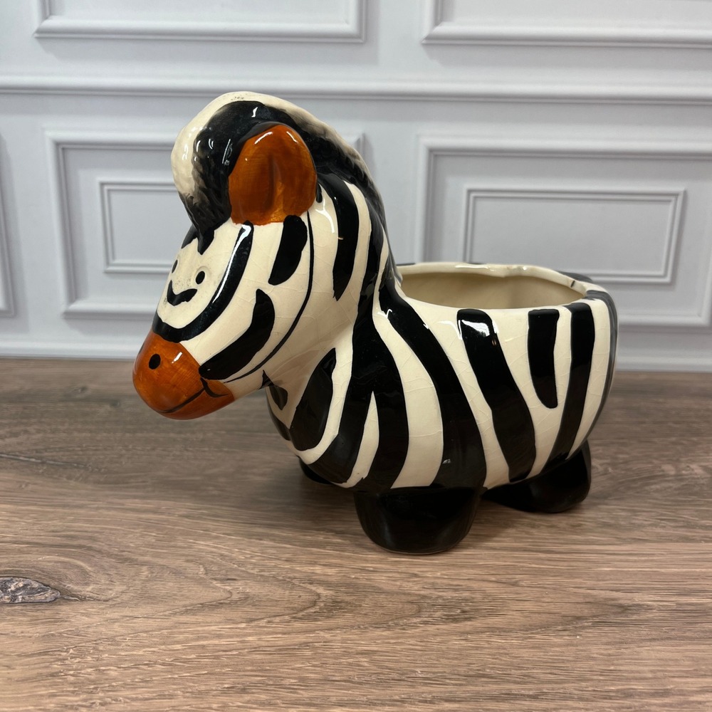 Whimsical Zebra Planter Pot Medium Black White Ceramic Safari Animal Garden